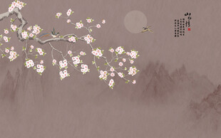 新中式手绘花鸟画山水画背景墙