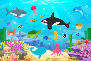 可爱海豚卡通海底鲸鱼珊瑚背景墙