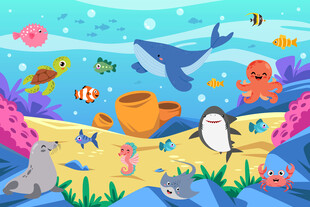 卡通海洋鲸鱼海底动物珊瑚背景墙