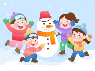 冬季孩子雪地堆雪人嬉戏玩耍插画