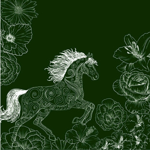 绿底繁花间的飘逸骏马