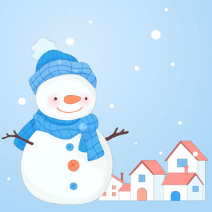 冬天戴围巾帽子雪人小村庄插画
