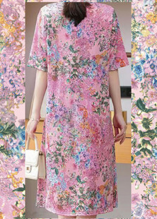 复古印花中式长款连衣裙