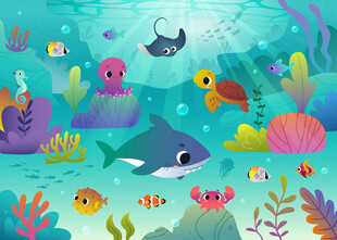 梦幻海底世界可爱海洋动物背景墙
