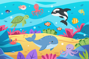 海洋动物卡通鲸鱼海底珊瑚背景墙