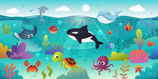 卡通鲸鱼海底动物珊瑚水族馆背景