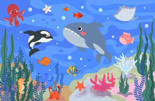 可爱鲨鱼卡通海底鲸鱼珊瑚背景墙