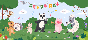 可爱小动物音乐会卡通儿童背景墙