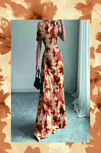 复古印花长款连衣裙展示