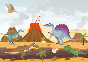 恐龙世界卡通火山喷发儿童背景墙