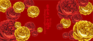 红底金玫瑰浪漫花卉图