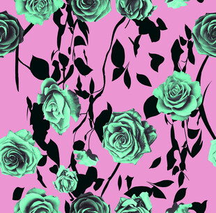 粉底绿黑玫瑰花卉图案