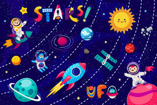 卡通太阳系宇宙星球太空火箭背景