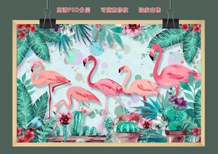 手绘水彩火烈鸟时尚背景