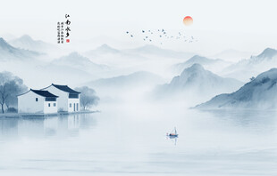 新中式水墨江南山水背景墙