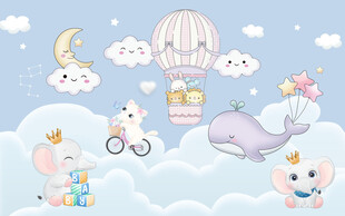 卡通动物月亮云朵儿童背景墙图片