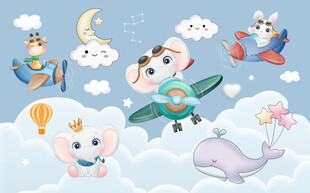 卡通飞机宇航员儿童背景墙图片