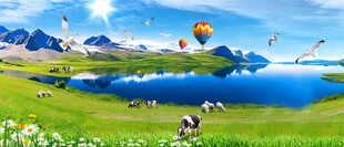 蓝天白云湖泊草原