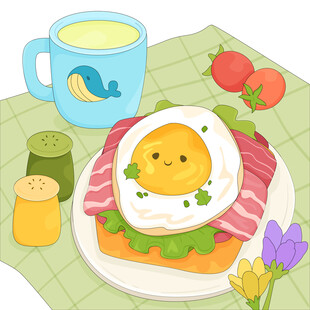 可爱早餐煎鸡蛋培根番茄美食插画