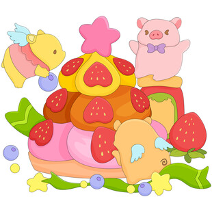 可爱蜜蜂小熊草莓巧克力蛋糕插画