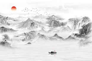 新中式黑白古典水墨画山水风景画