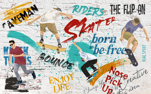 嘻哈涂鸦砖墙街头少年滑板背景墙