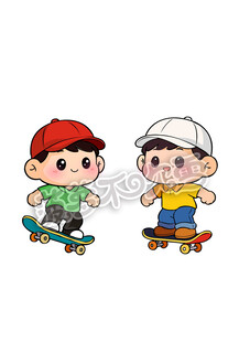两个男孩玩滑板卡通图