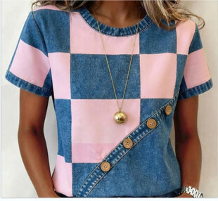 粉蓝牛仔格纹短袖时尚上衣