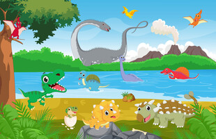 卡通火山可爱恐龙乐园儿童背景墙