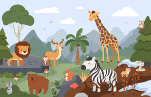 可爱动物卡通森林山脉儿童背景墙