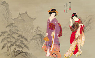 新中式阁楼侍女图背景画