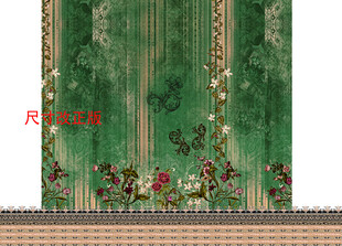 中式绿底花卉窗帘图案