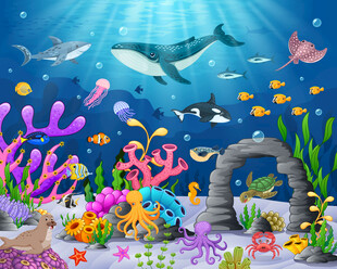 卡通海底景观鲸鱼珊瑚海洋背景墙