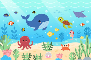 卡通海底动物海洋鲸鱼珊瑚背景墙