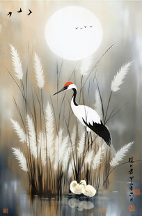 新中式水墨花鸟装饰画丹顶鹤湿地