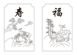 仙鹤松树 鹿竹子线条线雕路径图