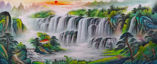 国画流水生财瀑布背景墙