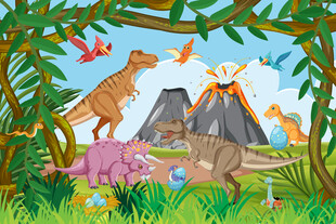 卡通森林火山恐龙世界儿童背景墙