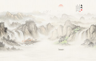 新中式客厅沙发山水背景墙