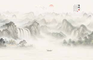 新中式禅意水墨山水背景墙