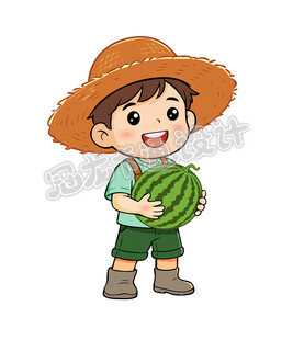 卡通瓜农戴草帽抱西瓜的可爱男孩