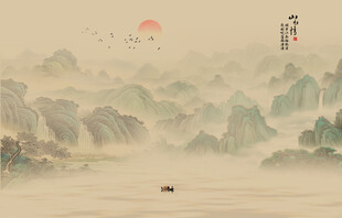 中式古风古典山水画背景墙