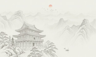 中国风古画山水画沙发电视背景墙
