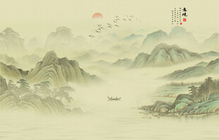 中古风古典山水画背景墙