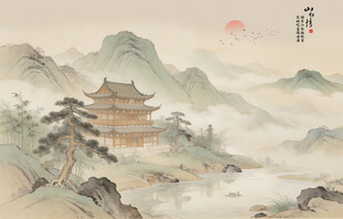 新中式屏风古风水墨山水画背景墙