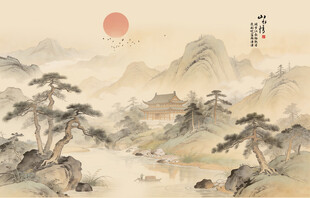 中式古风古典山水画背景墙