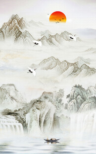 水墨山水孤舟映红日背景画