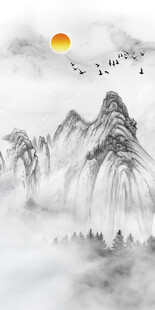 水墨山水间的日出美景山脉背景