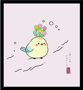 手绘矢量图可爱小鸟头顶缤纷花朵