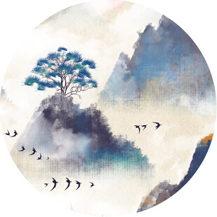 水墨山水间的飞鸟与孤松